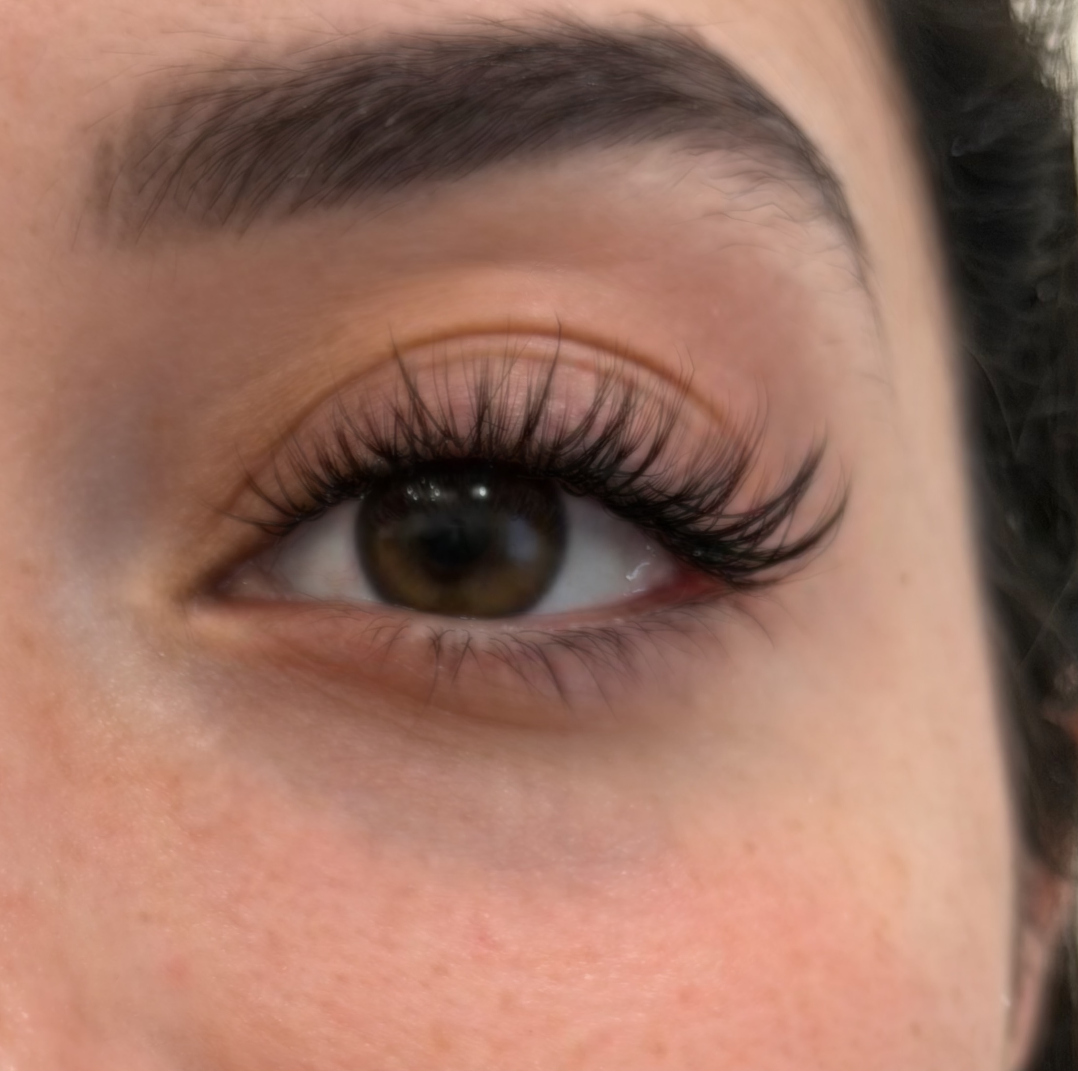 Brown eye with a soft, wispy lash set